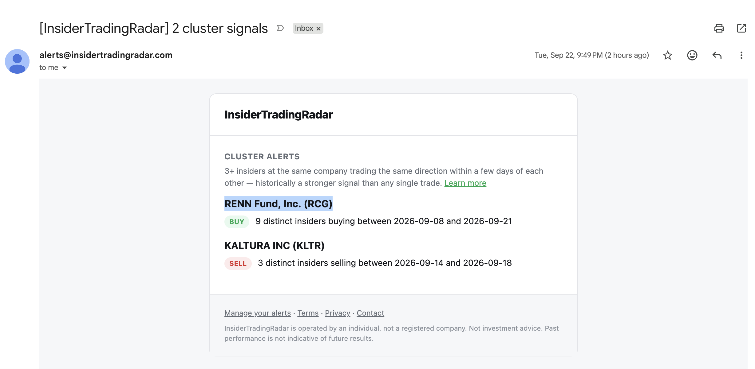 A real InsiderTradingRadar cluster-alert email showing a 9-insider buy cluster at RENN Fund (RCG) and a 3-insider sell cluster at Kaltura (KLTR)